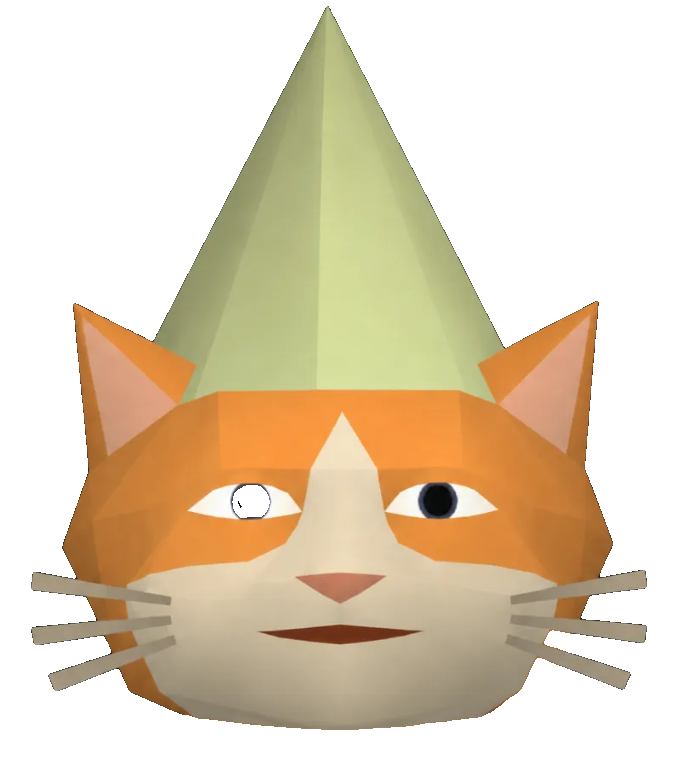 Gnome Cat, a low-poly orange cat wearing a tall pale green gnome hat