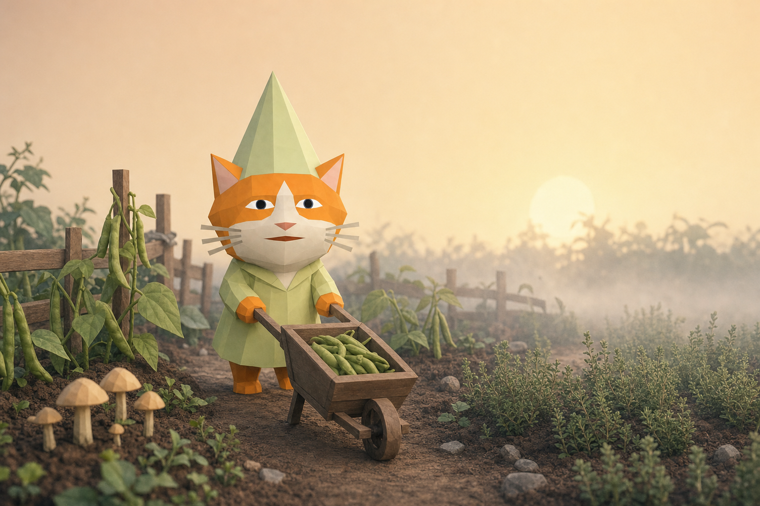 Gnome Cat in a green coat pushing a wheelbarrow of beans through a misty dawn garden